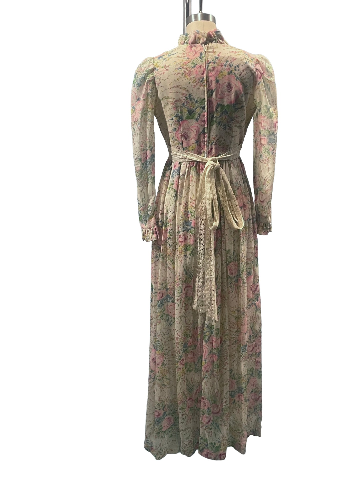 1970s Ivory Pink Blue Ruffle Trim Floral Print 'ACT I' Cotton Maxi Dress
