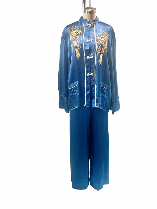 1940s Royal Blue Satin Rayon Dragon Embroidered Lounge Set