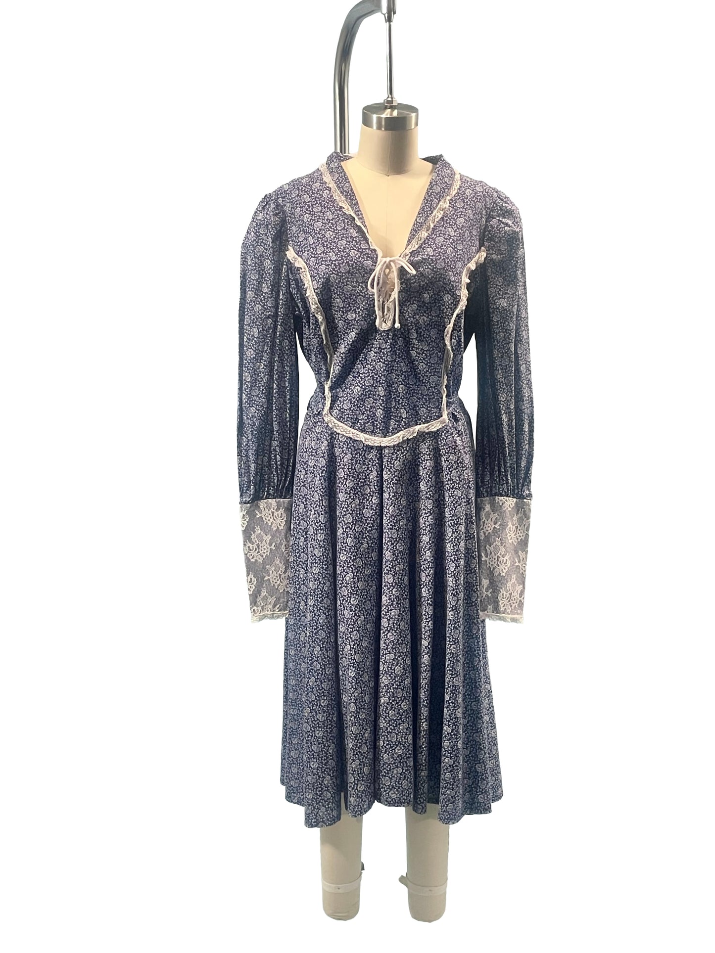 1970s Blue Ditsy Floral Gunne Sax Style Maxi Dress