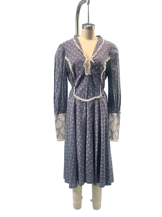 1970s Blue Ditsy Floral Gunne Sax Style Maxi Dress