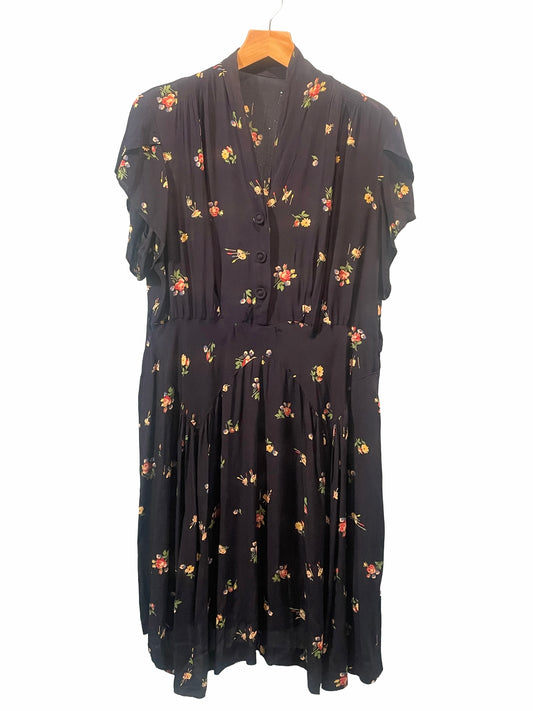 1940s Navy Artist Pallet Novelty Print Cold Rayon Plus-Size Day Dress