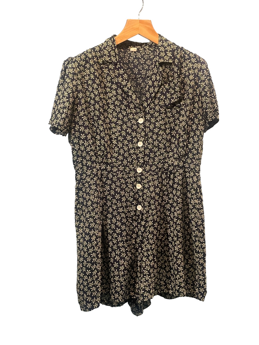 1940s Navy Green Bows Print Rayon Romper Skirt Plus-Size 2-Piece Set