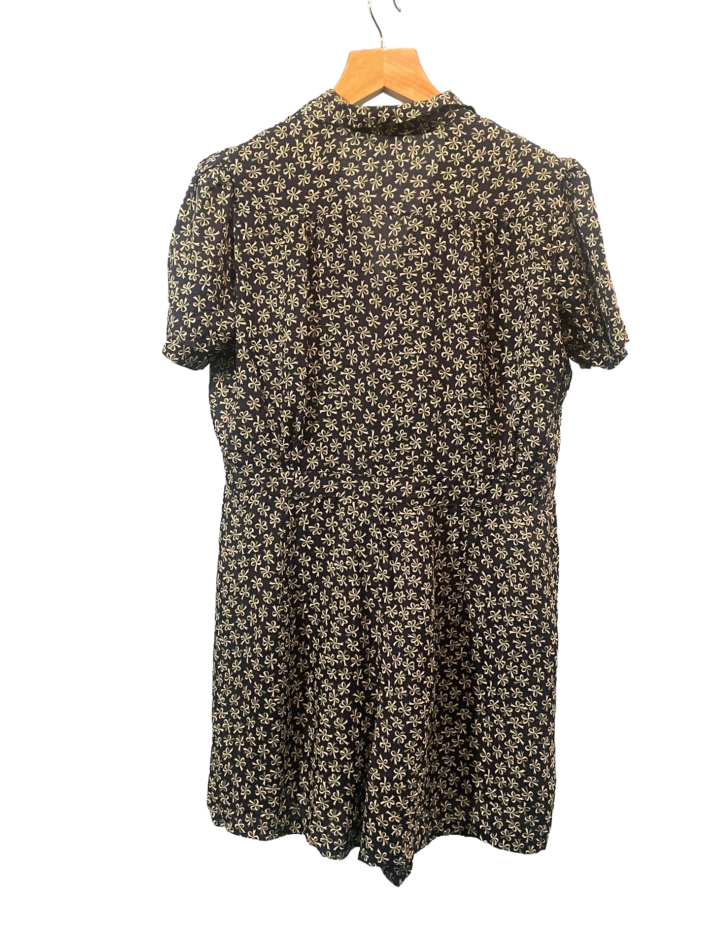 1940s Navy Green Bows Print Rayon Romper Skirt Plus-Size 2-Piece Set