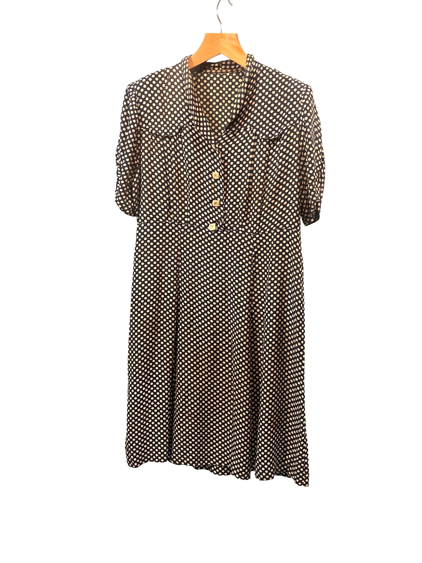 1940s Black White Starburst Print Belted Rayon Plus-Size Dress