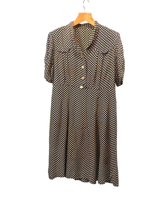 1940s Black White Starburst Print Belted Rayon Plus-Size Dress