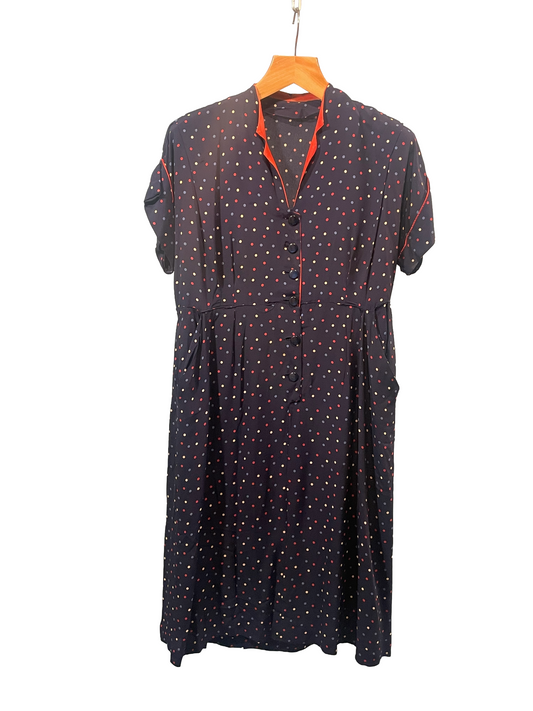1940s Navy Multicolor Polka Dot Rayon Pockets Belted Plus-Size Day Dress