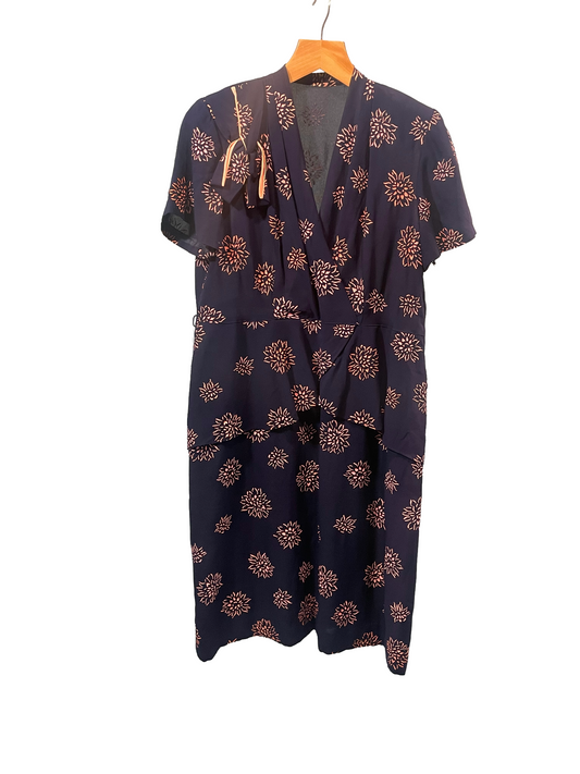 1940s Navy Pink Floral Print Peplum Rayon Formal Plus-Size Dress