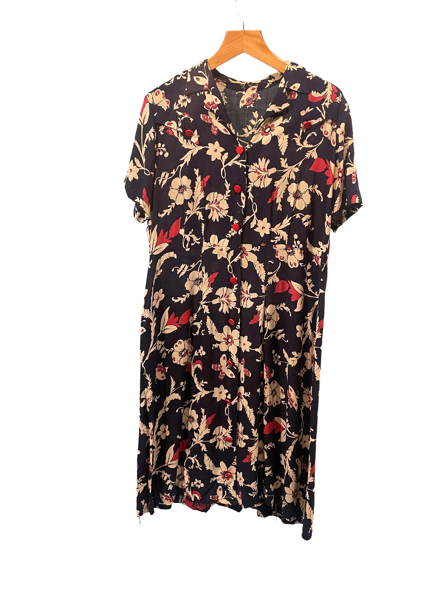 1930s Navy White Red Rayon Butterfly Botanical Print Plus-Size Day Dress