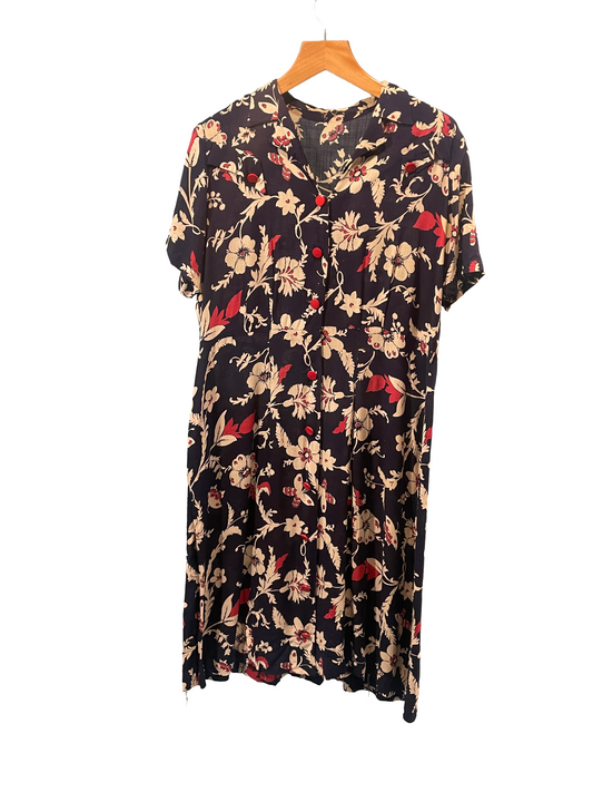 1930s Navy White Red Rayon Butterfly Botanical Print Plus-Size Day Dress