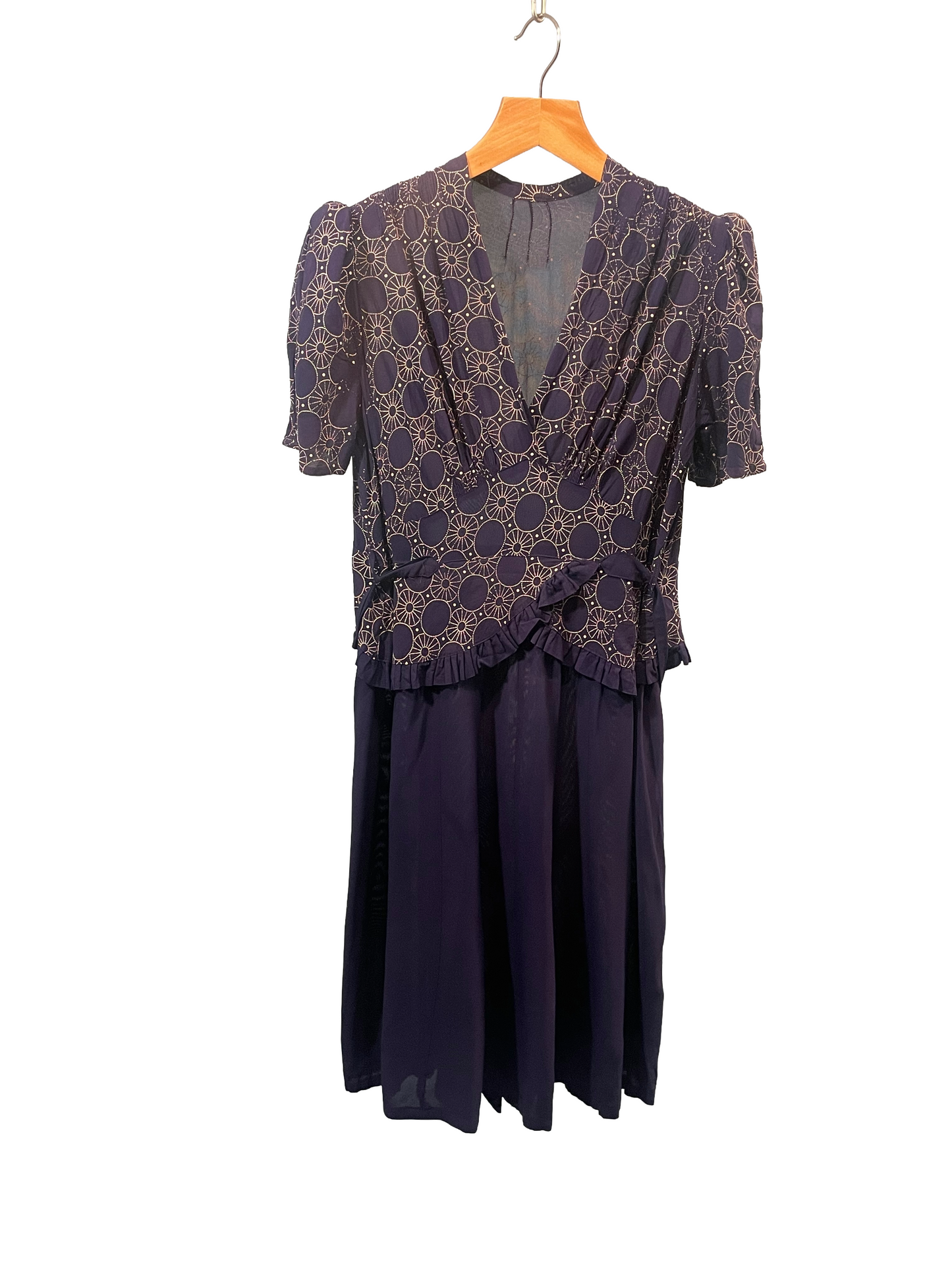 1940s Navy Rayon Circles Print Peplum Sash Plus-Size Dress