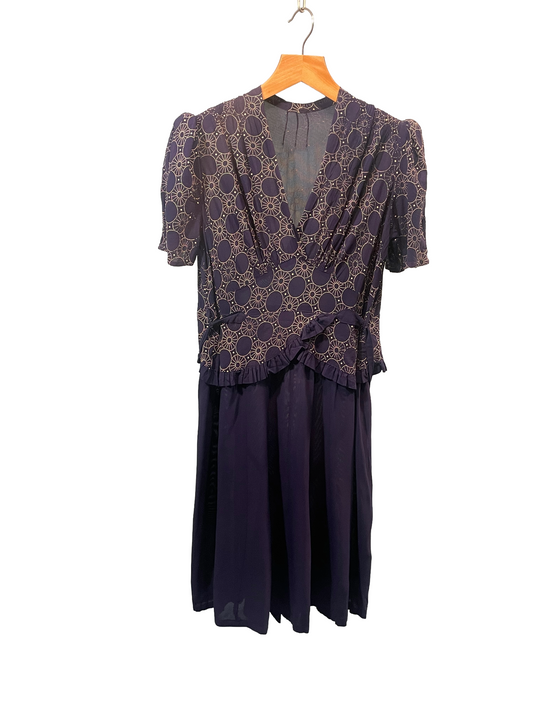 1940s Navy Rayon Circles Print Peplum Sash Plus-Size Dress
