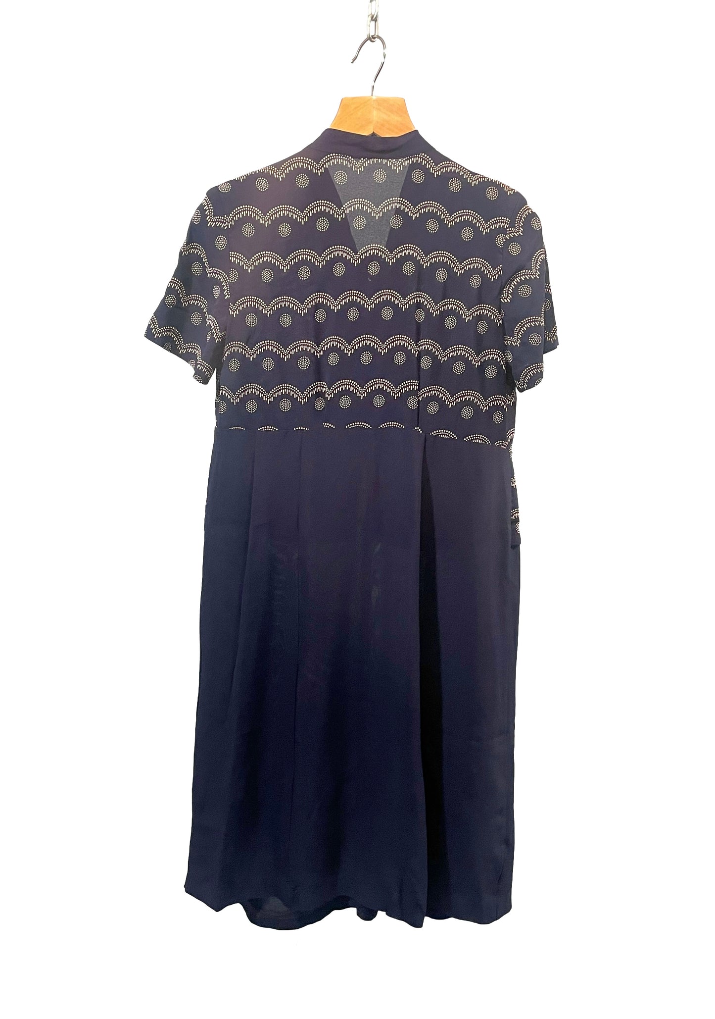 1940s Navy White Scallop Print Pussy Bow Rayon Plus-Size Day Dress