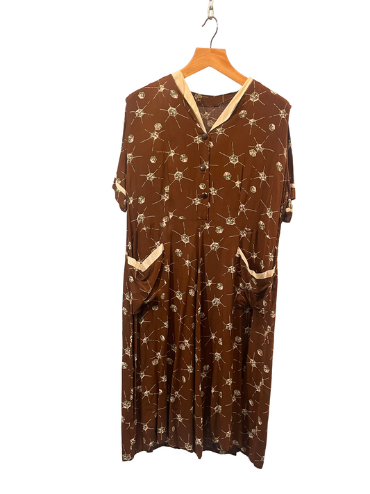 1950s Brown Atomic Geometric Print Rayon Plus-Size House Dress