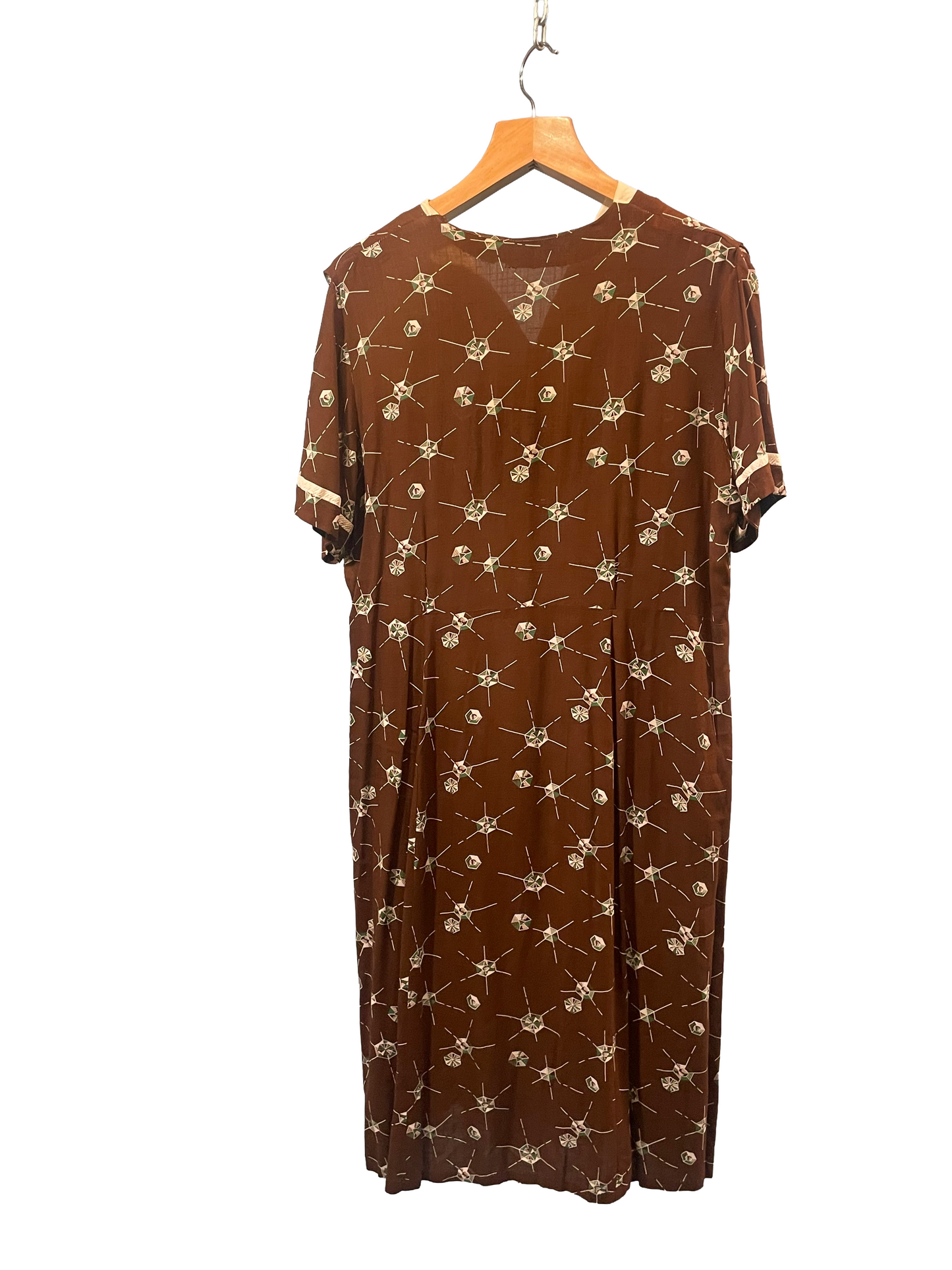1950s Brown Atomic Geometric Print Rayon Plus-Size House Dress