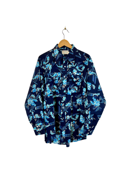 1970s Navy Blue Floral Poly Knit Snap Western Shirt