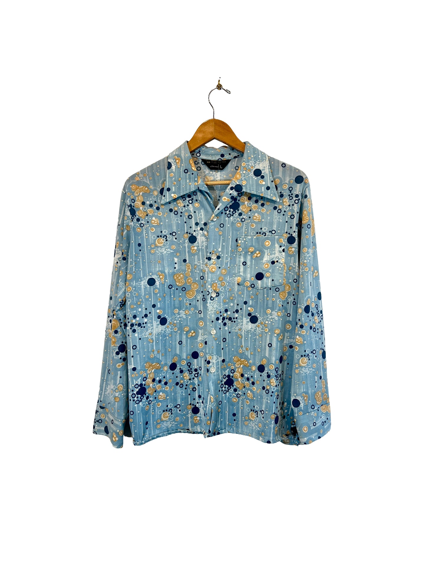 1970s Blue Tan Bubble Print Poly Knit Leisure Shirt