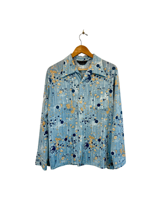 1970s Blue Tan Bubble Print Poly Knit Leisure Shirt