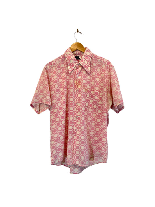 1970s Pink White Circle Haze Cotton Weave SS Shirt