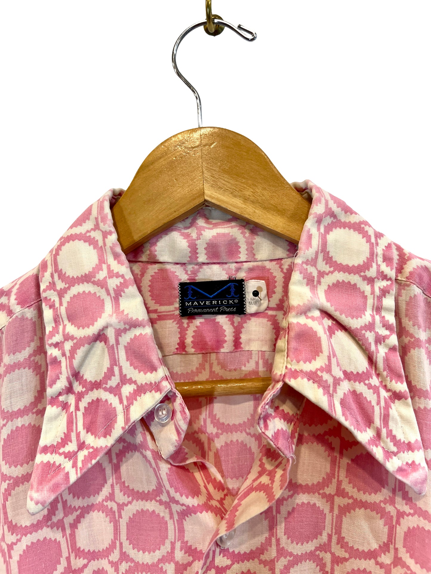 1970s Pink White Circle Haze Cotton Weave SS Shirt