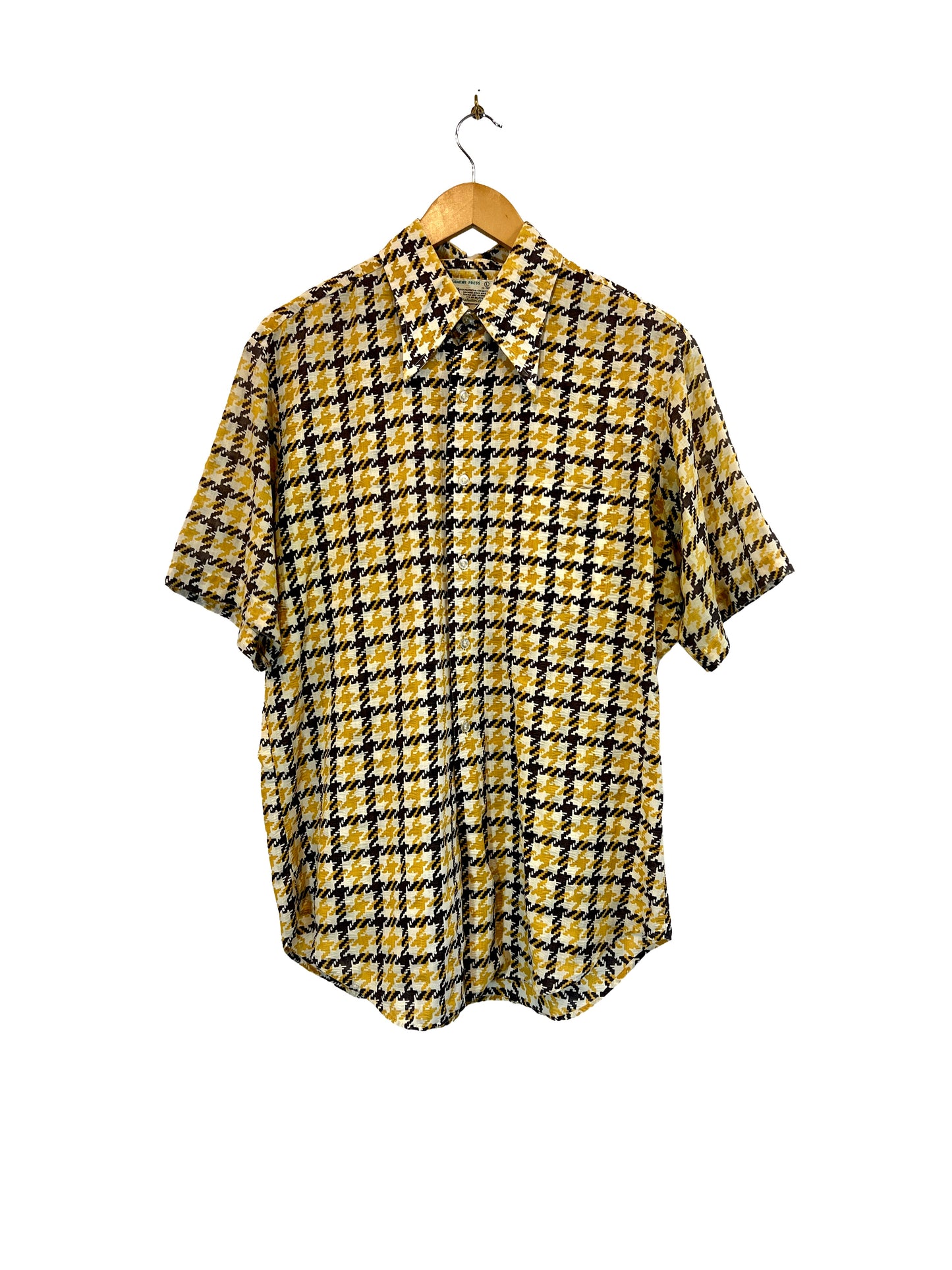 1970s Amber Brown Houndstooth Haze Cotton Weave SS Shirt