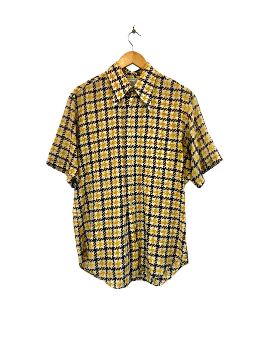 1970s Amber Brown Houndstooth Haze Cotton Weave SS Shirt