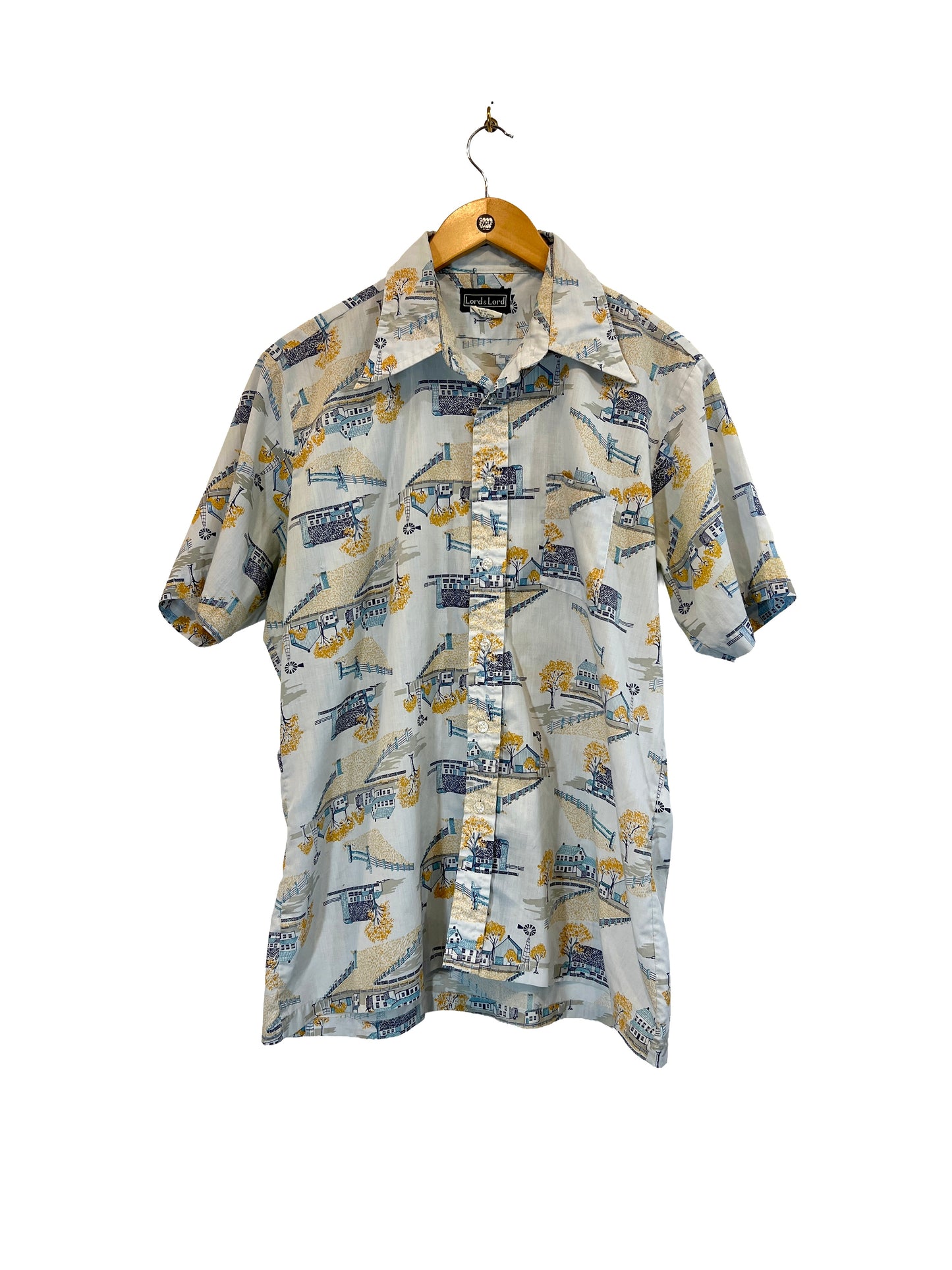 1970s White Blue Yellow Farmland Novelty Print Cotton Weave SS Shirt