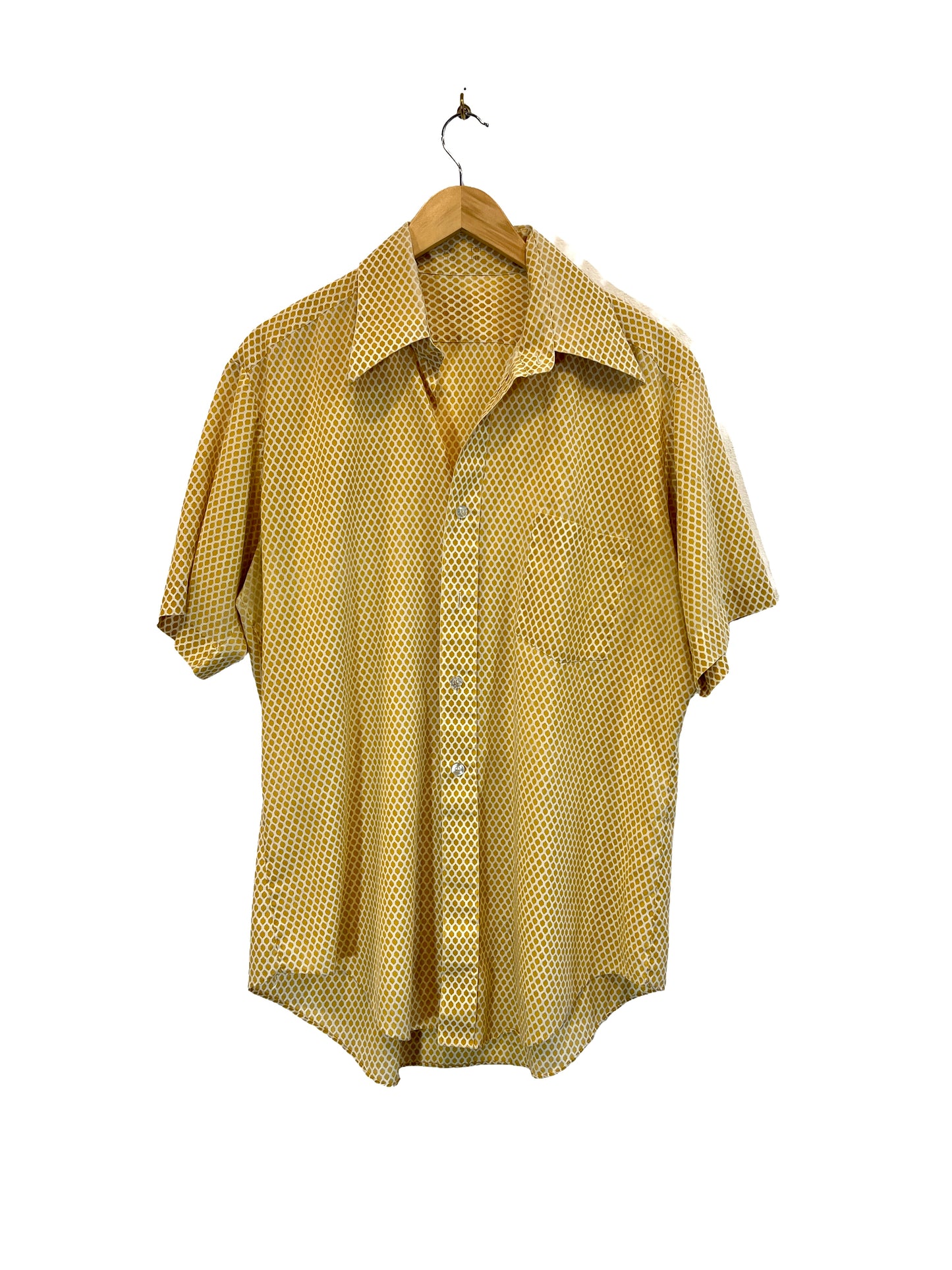 1970s White Amber Honeycomb Print Cotton Weave SS Shirt
