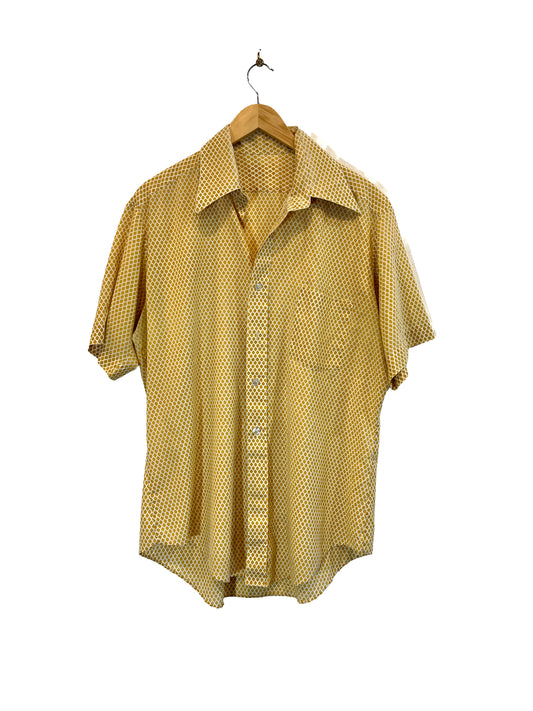 1970s White Amber Honeycomb Print Cotton Weave SS Shirt