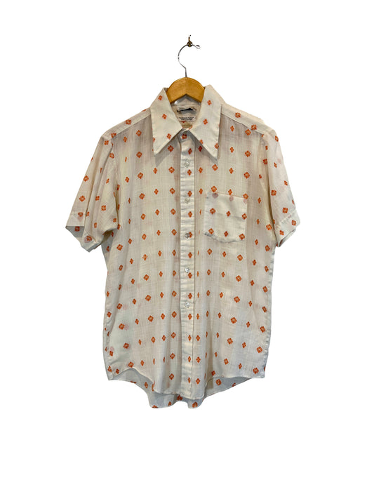 1970s White Orange Quatrefoil Pattern Cotton Weave SS Shirt