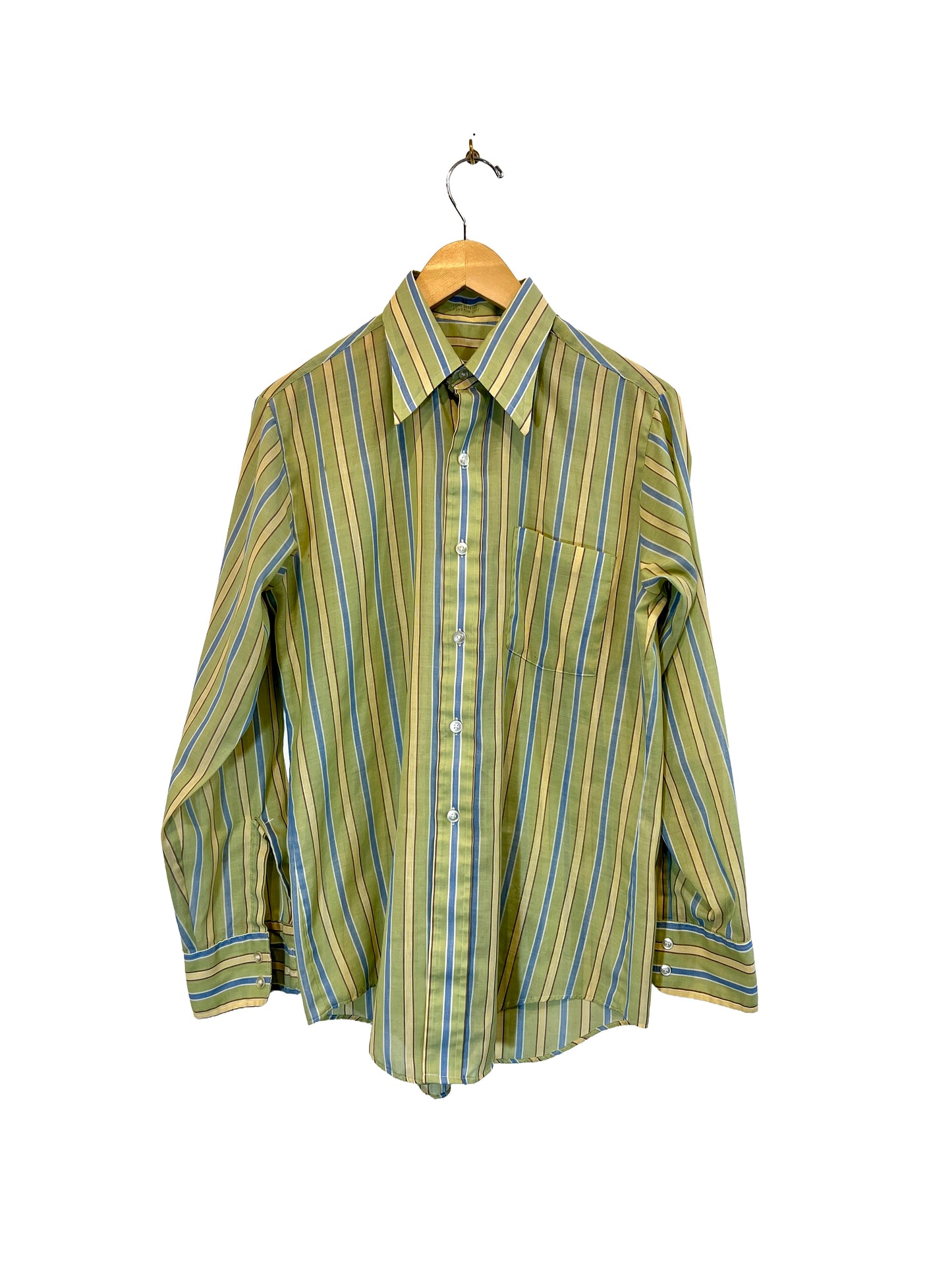 1970s Grass Green Regiment Stripe Cotton Weave LS Shirt