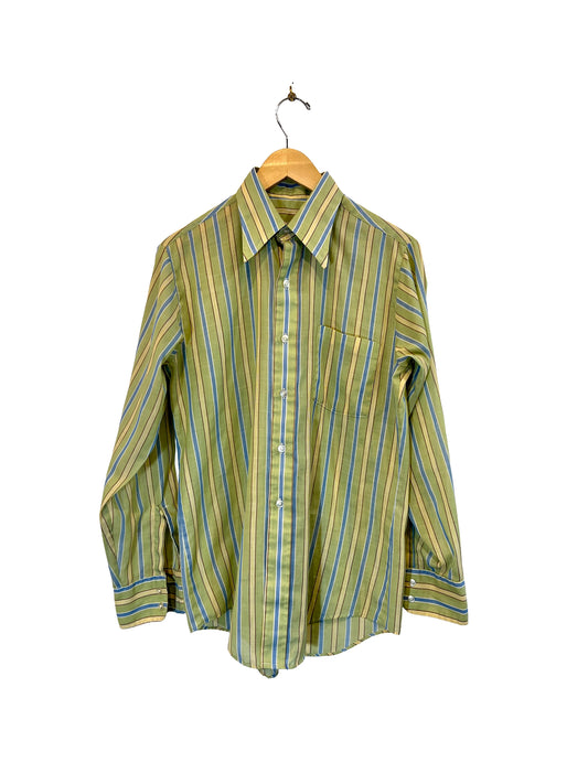 1970s Grass Green Regiment Stripe Cotton Weave LS Shirt
