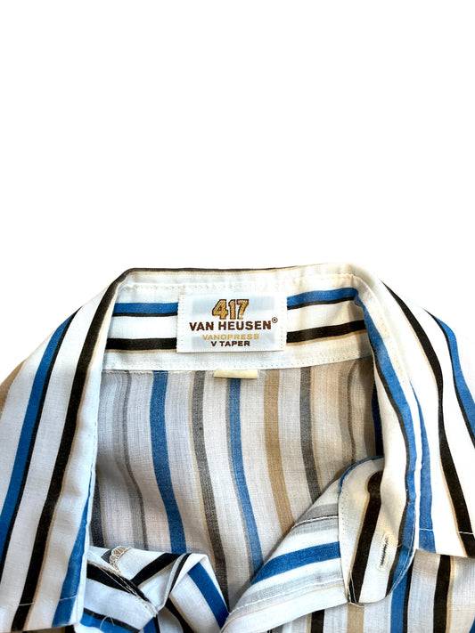1970s White Tan Brown Blue Regiment Stripe Cotton Weave LS Shirt