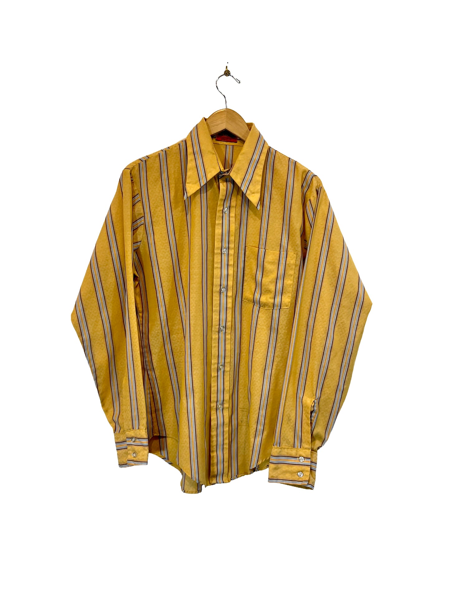 1970s Amber Yellow Brown Blue Regiment Stripe Cotton Weave LS Shirt