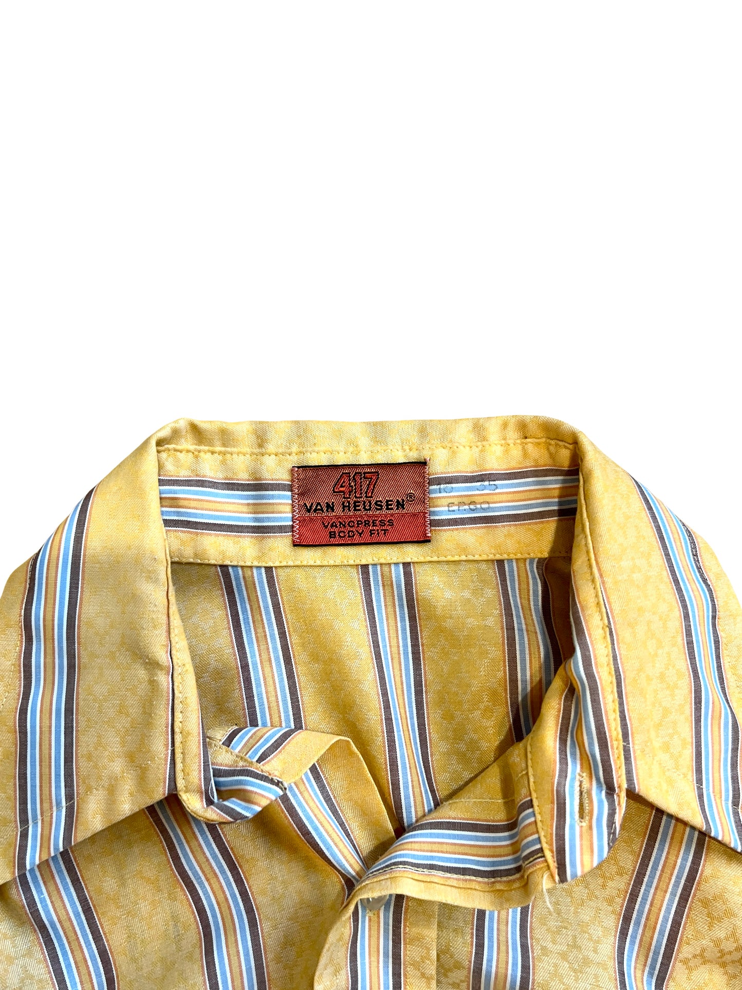 1970s Amber Yellow Brown Blue Regiment Stripe Cotton Weave LS Shirt