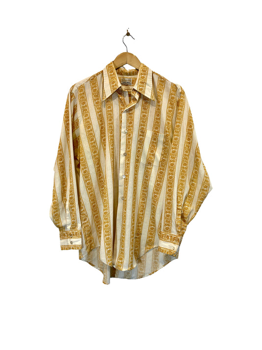 1970s White Golden Yellow Wallpaper Stripe Cotton Weave LS Shirt