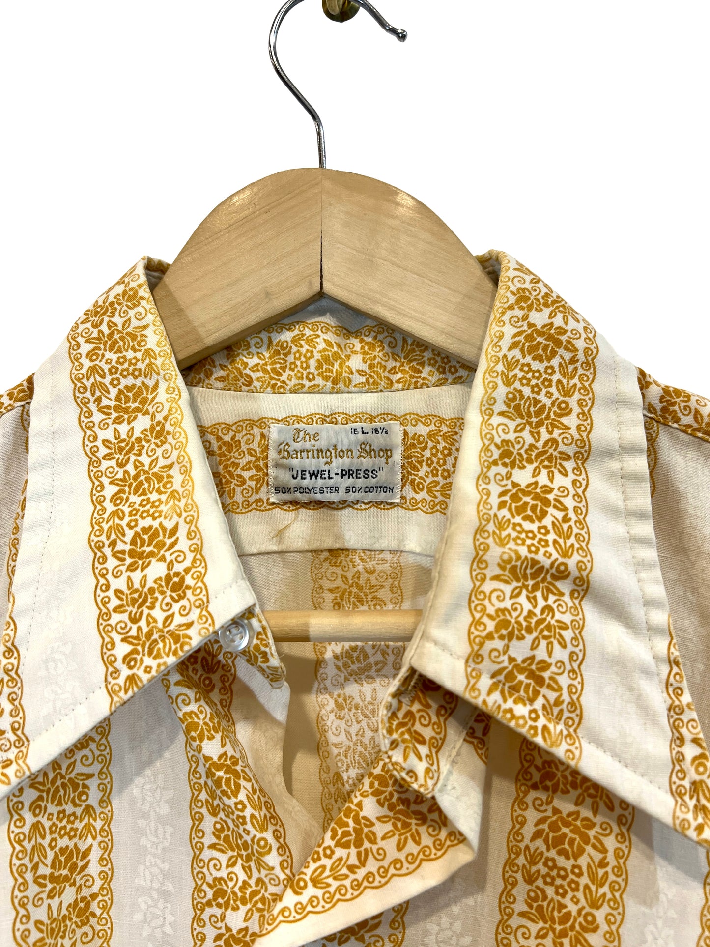 1970s White Golden Yellow Wallpaper Stripe Cotton Weave LS Shirt