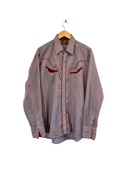 1970s Maroon Navy White  Cotton Weave Snap Western Shirt