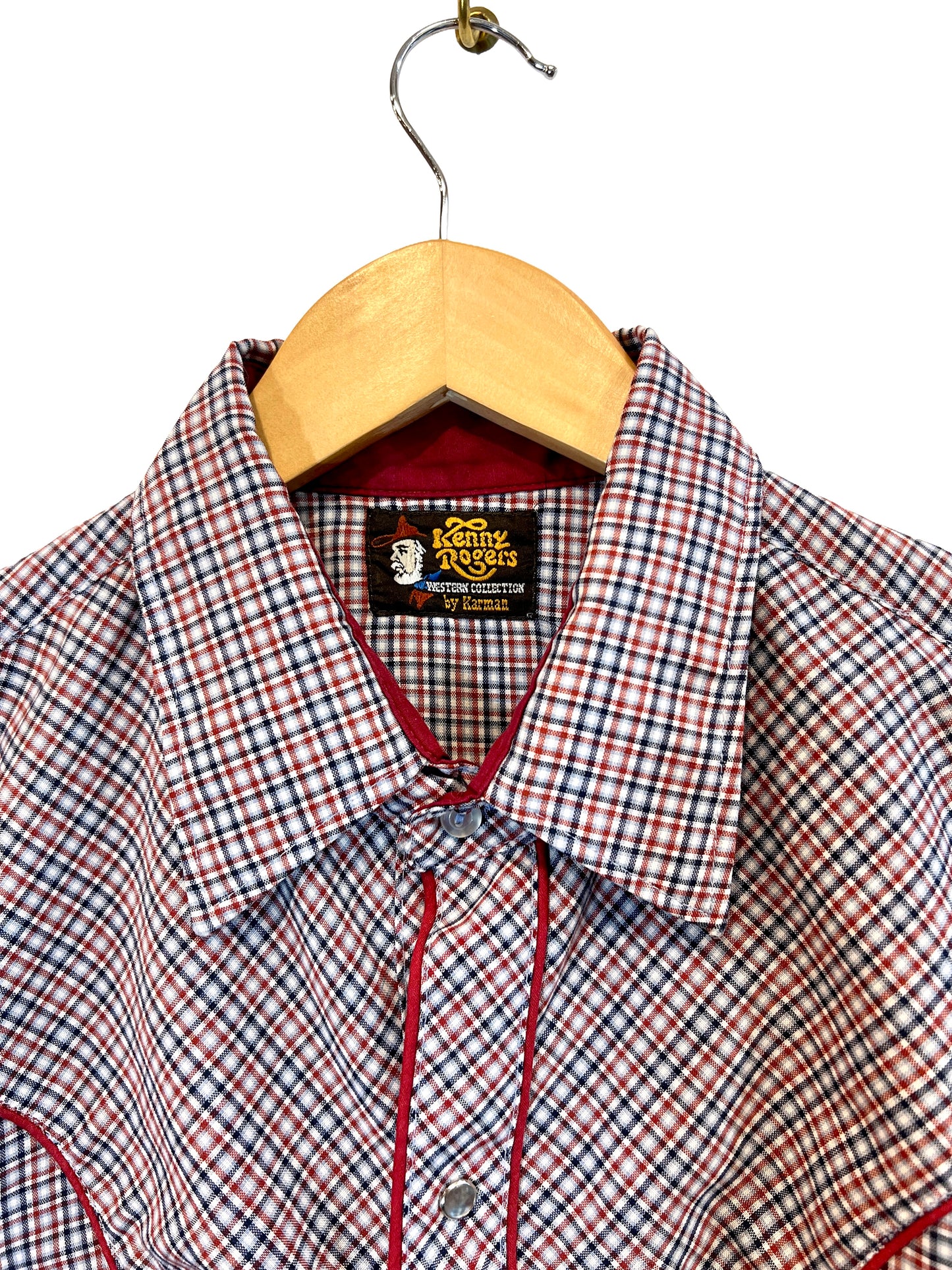 1970s Maroon Navy White  Cotton Weave Snap Western Shirt