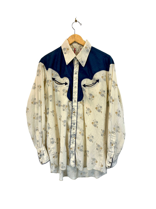 1970s Cream Navy Floral Smile Pocket Cotton Weave Snap Western Shirt
