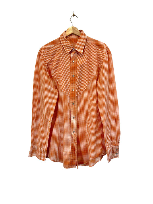 1970s Orange White Gingham Cotton Weave Snap Western Shirt