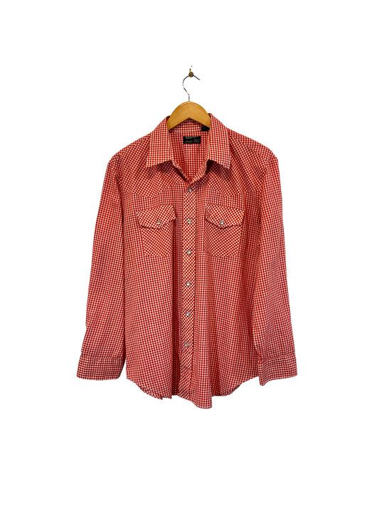 1970s Red White Gingham Cotton Weave Snap Western Shirt