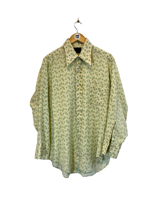 1970s Green White Psychedelic Print Cotton Weave LS Shirt