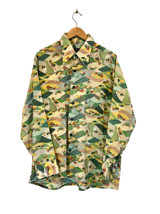 1970s Green Yellow Multi Countryside Novelty Print Cotton Weave LS Shirt