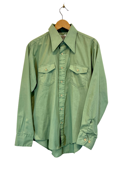 1970s Sage Green Topstitch Cotton Weave LS Shirt
