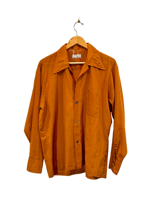1970s Burnt Orange Solid Cotton Weave LS Shirt