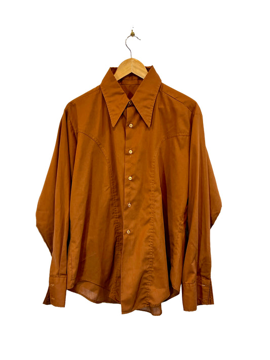 1970s Raw Sienna Solid Cotton Weave LS Shirt