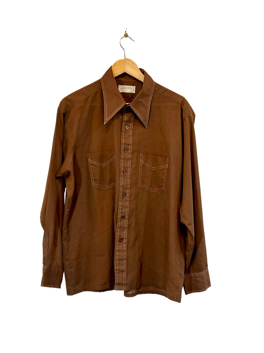 1970s Deep Brown Solid Cotton Weave LS Shirt