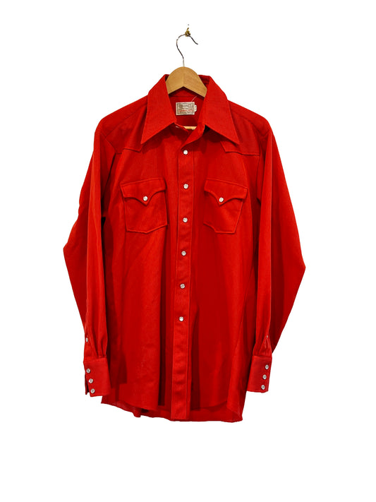 1970s Cardinal Red Ribbed Poly Knit Snap Western Shirt