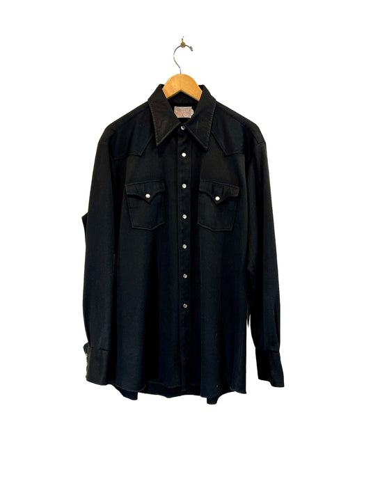 1970s Black Ribbed Poly Knit Snap Western Shirt