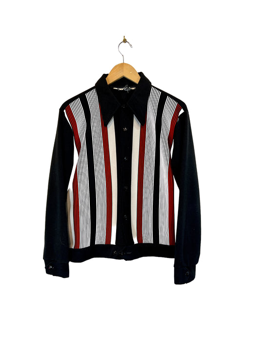 1970s Black Red White Ribbed Poly Knit Shirt Jacket